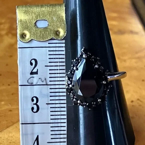 Natural Black Spinel Sterling Silver Teardrop Ring Size 9 - Picture 8 of 10
